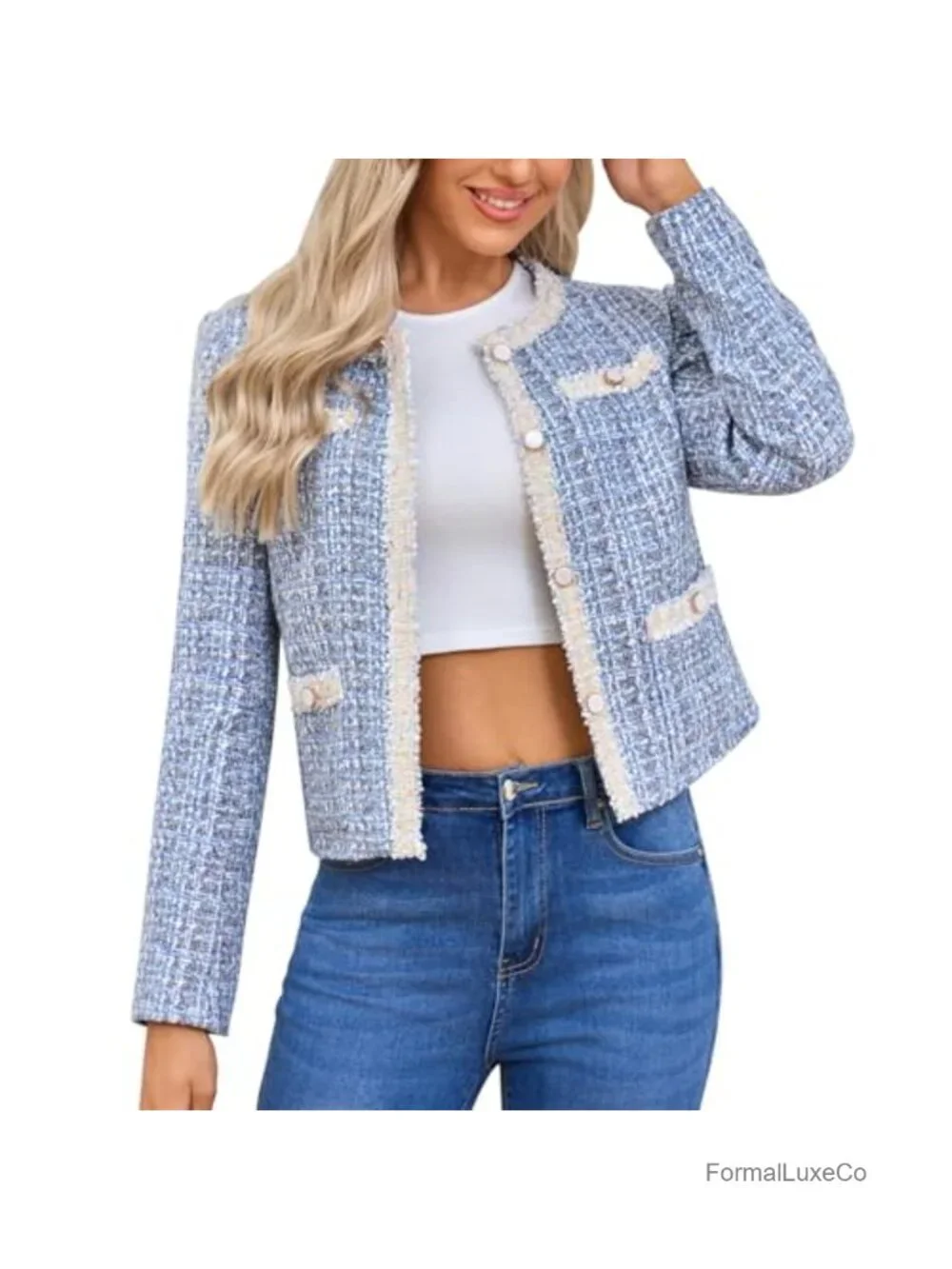 Women's Tweed Cropped Blazer Long Sleeve Crewneck Open Front Lace Trim Plaid
